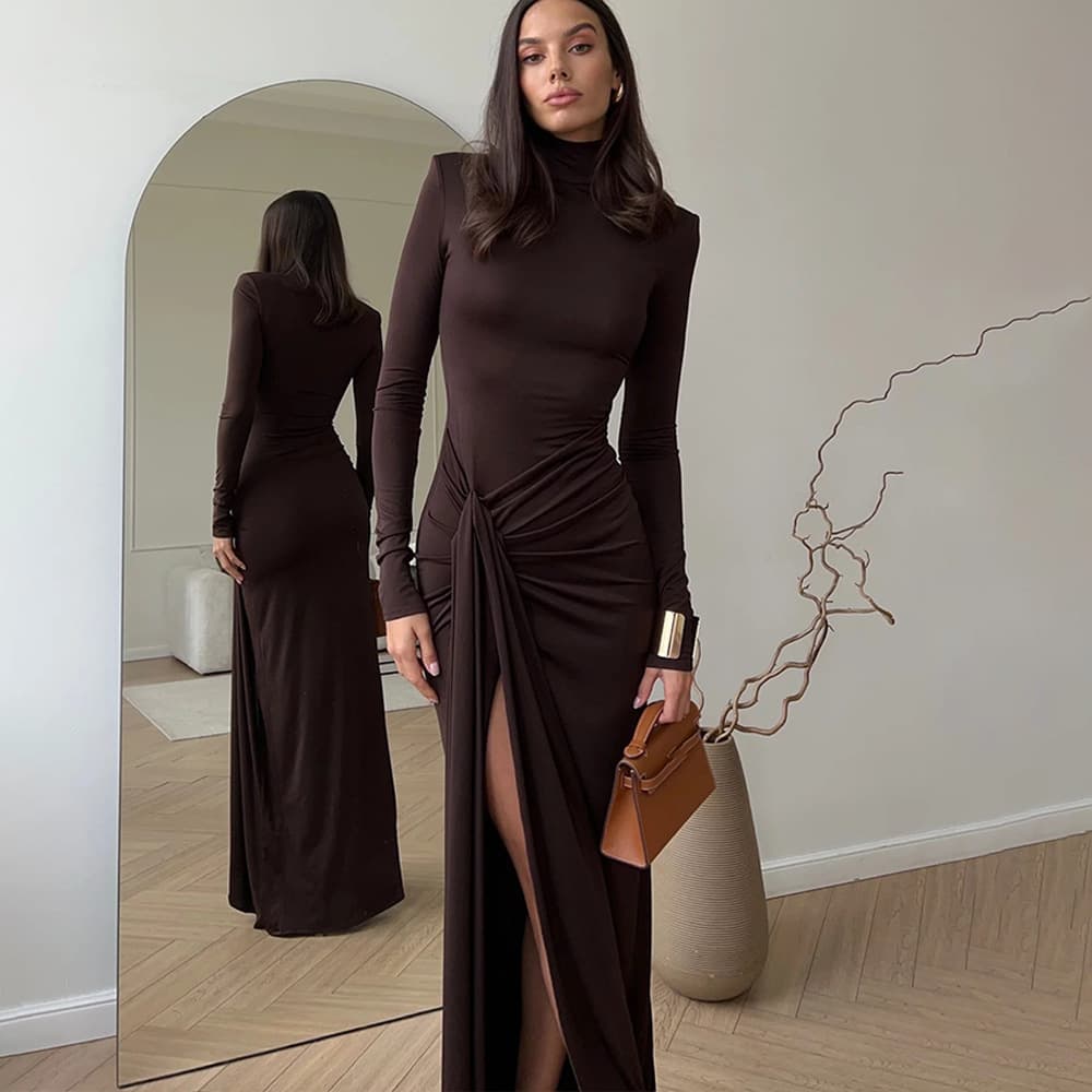 Women's Clothing Autumn And Winter Fashion Sexy High Slit Strap Hip Long Skirt New Hot Girl High Collar Slim Dress