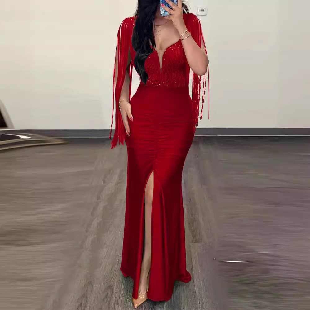 Women's fashion sequined hip sexy dress round neck slit tassel sleeves pleated evening dress