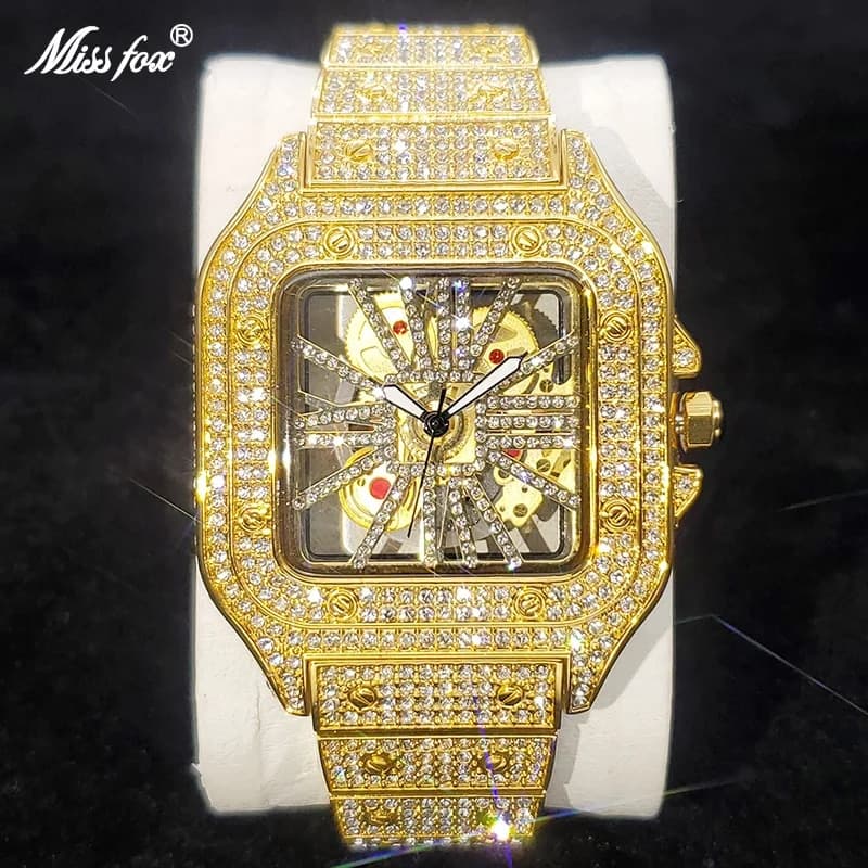 2023 New Square Watches For Men Original Gold Hip Hop Diamond Wristwatch Iced Out Bling Stainless Steel Waterproof Clock