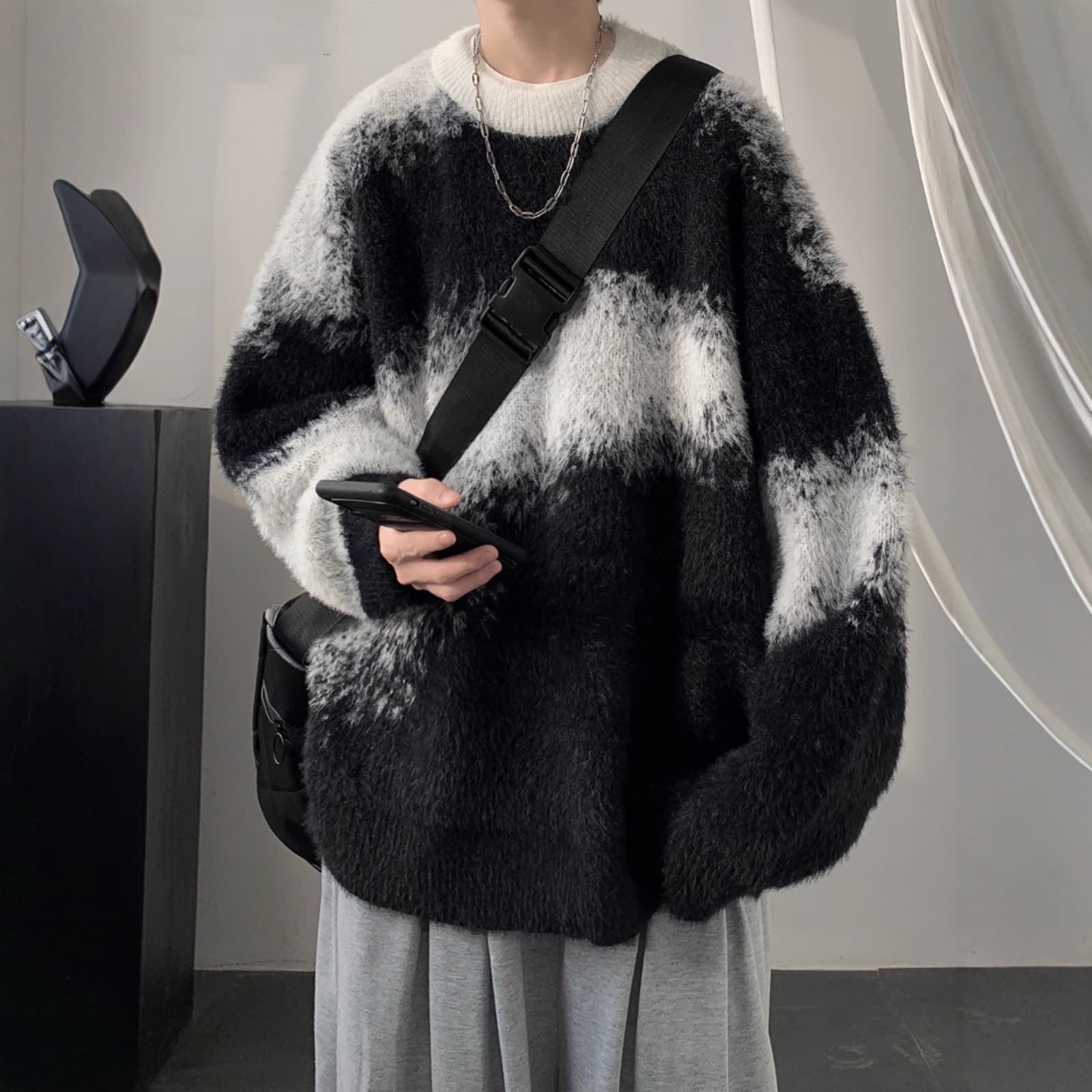 Oversize American Color Block Lazy Style Sweater Men's Autumn Winter Loose Knitwear Warm Jacket Trendy