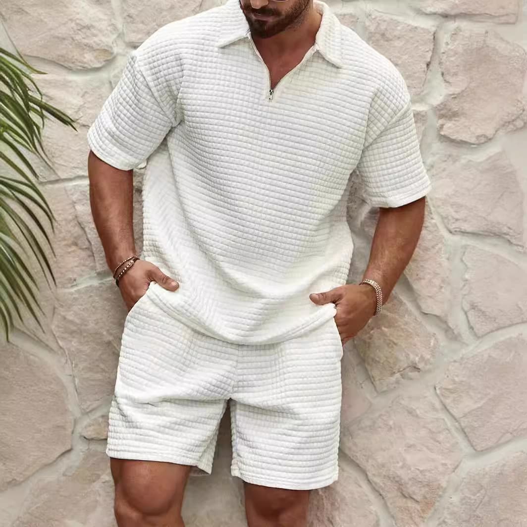 Men's Clothing Casual Trend Fashion Comfortable Waffle Solid Color Lapel Shirt Sports Suit