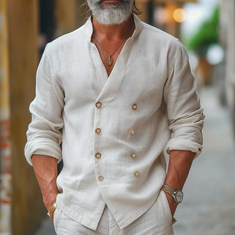 Men's Clothing Men's Spring And Autumn Double Breasted Stand Up Collar Solid Color Cotton And Linen Casual Solid Color Long Sleeved Youth Shirt