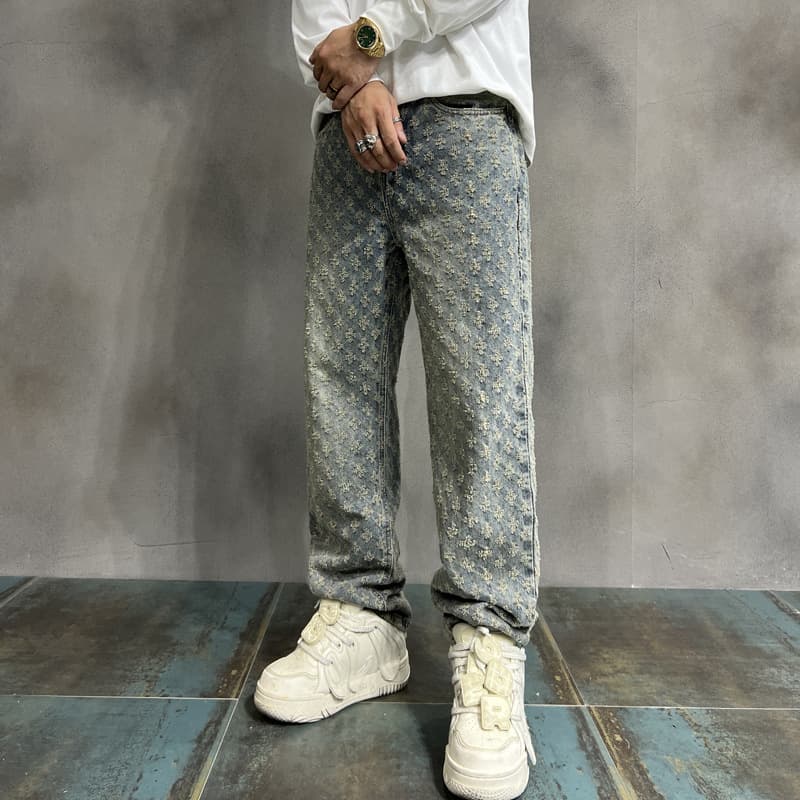 2024 American High Street Jeans Men's Loose Straight Leg Trendy Brand Set Versatile Pants