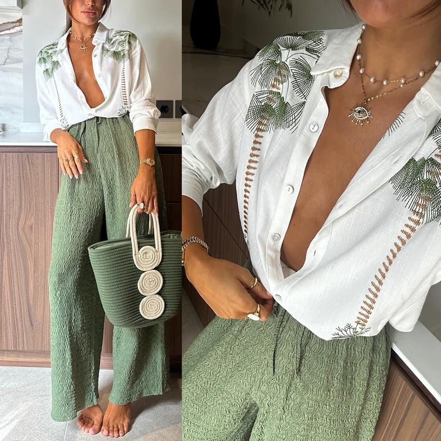 Women's Clothing spring and autumn new printed long sleeved single breasted trousers suit INS casual loose two piece suit