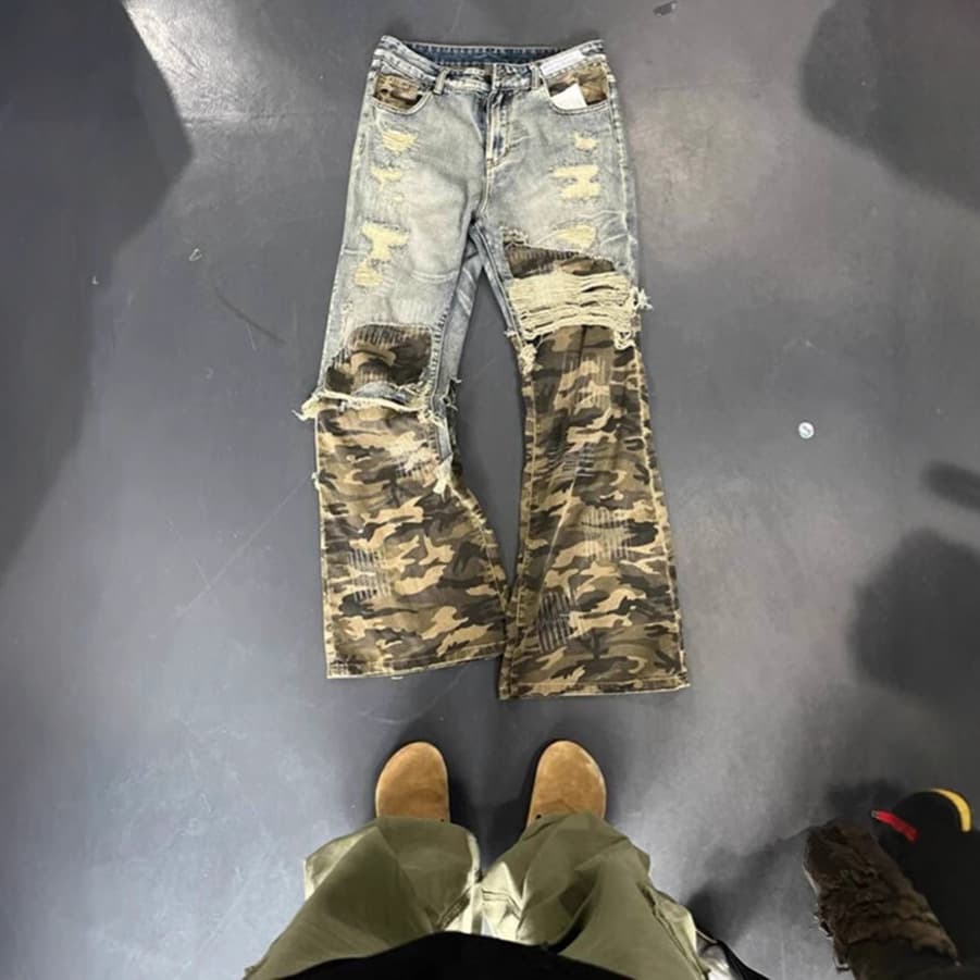 Men's Clothing Retro Two Piece Pants Design Advanced Camouflage Patchwork Jeans Cleanfit Straight Pants