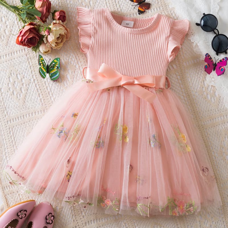 Kids’ Clothing Spring And Summer New Girls Dress Flying Sleeve Flower Embroidery Mesh Princess Girl Birthday Dress