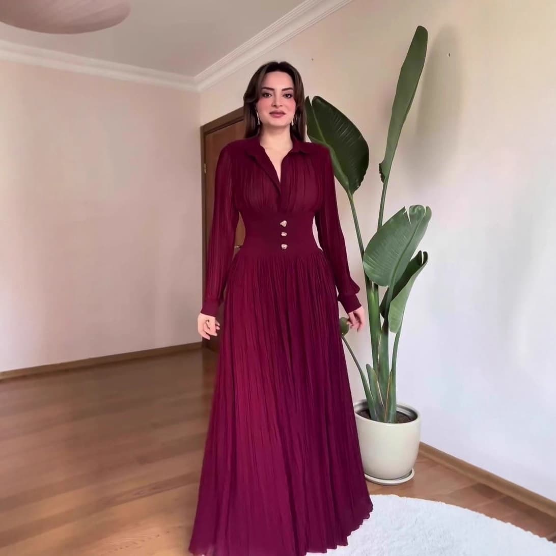 Women's Elegant Maxi Dress Long Sleeved Waist Cinching Spring Style Temperament European American Fashion Muslim Clothing