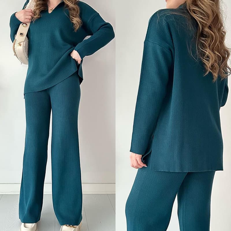 Women's Casual Fashion Solid Color Loose Hem Slit Sweater Two-piece Set For Women