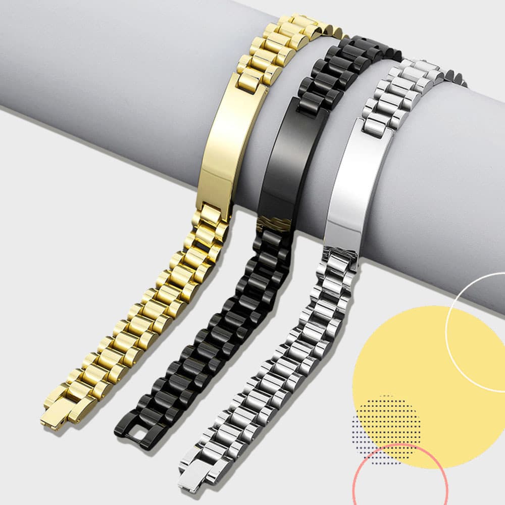 Stainless steel watch chain with curved brand engraved watch strap bracelet