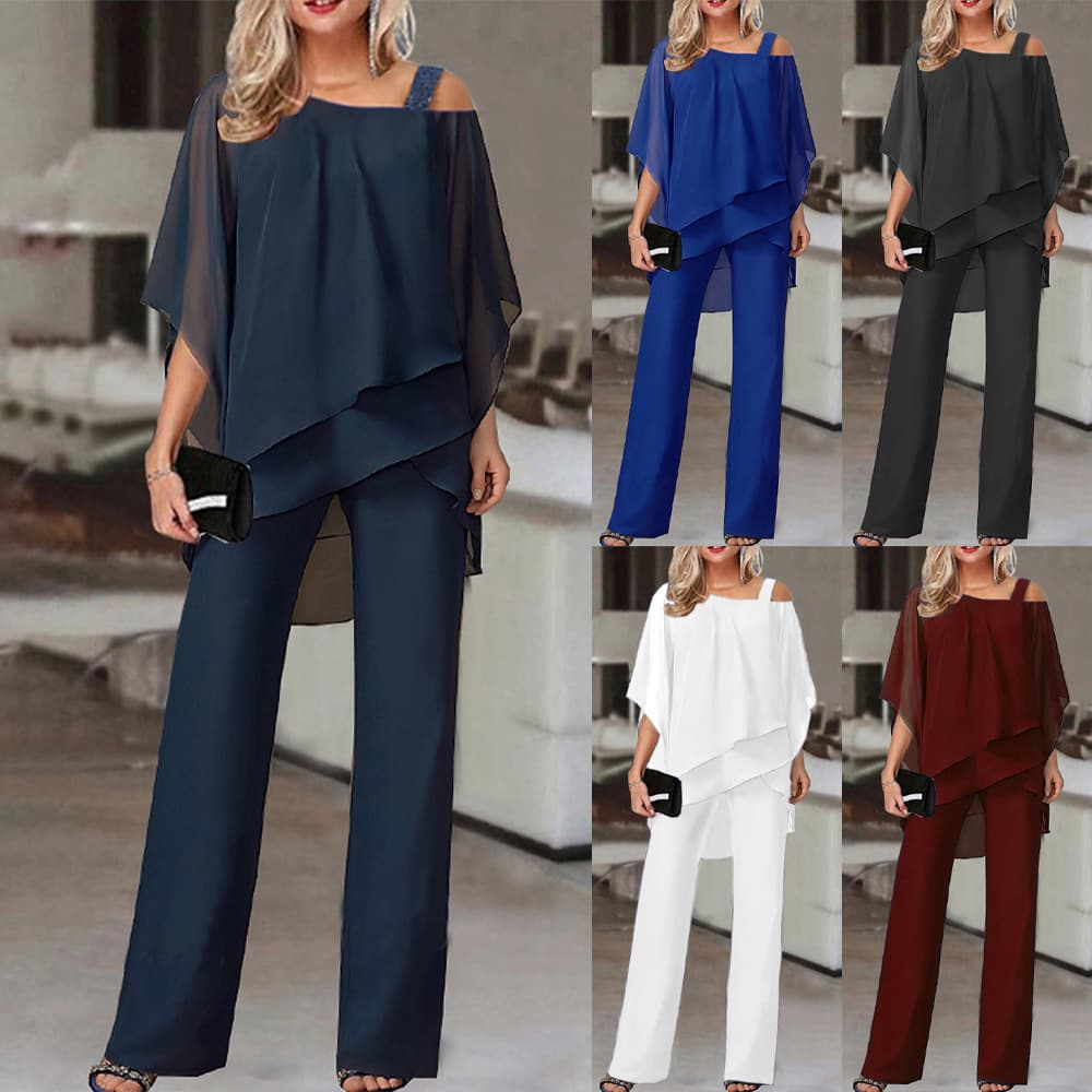 Bat sleeve tops and trousers for women casual off-shoulder irregular party suits elegant two-piece suits