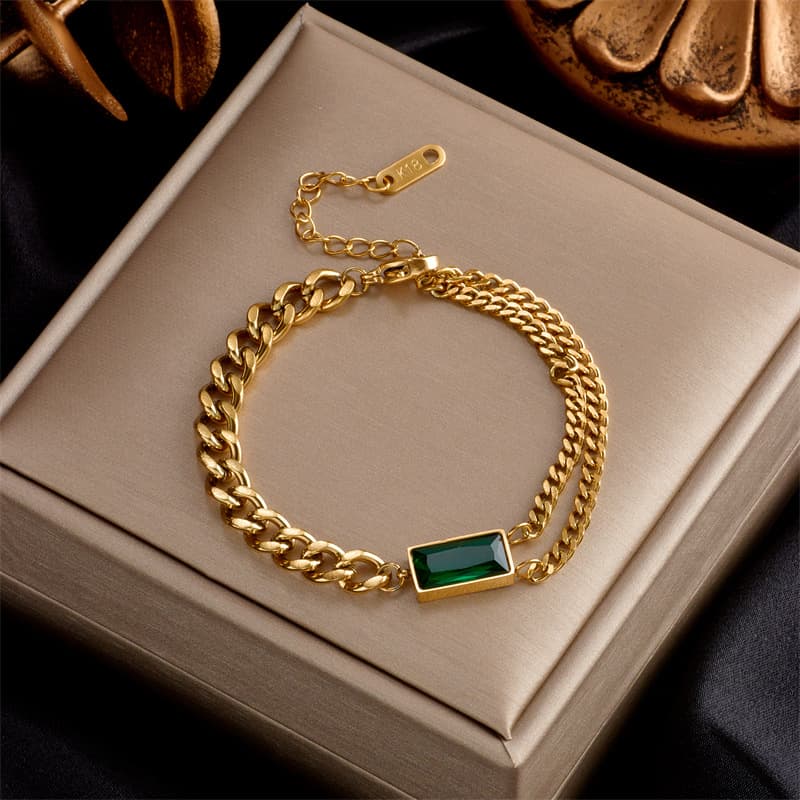 European and American fashion niche retro asymmetrical chain metal square green diamond accessories titanium steel jewelry versatile bracelet