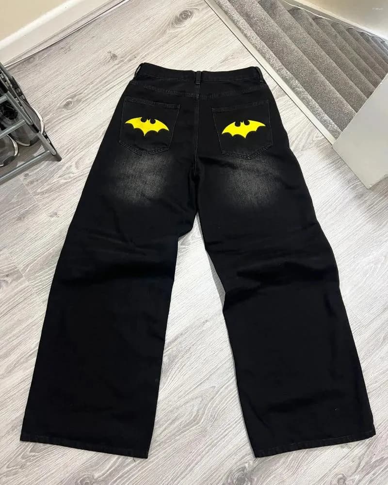 Men's Jeans Y2K Bat Animal Embroidery Baggy Vintage Men Black Washed Hip Hop Goth Denim Pants Fashion Women Straight
