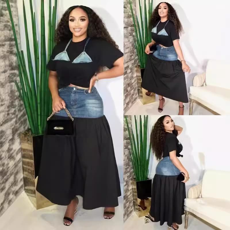 Women’s Clothing new fashion personality stitching contrast color T shirt denim skirt suit two piece suit for women