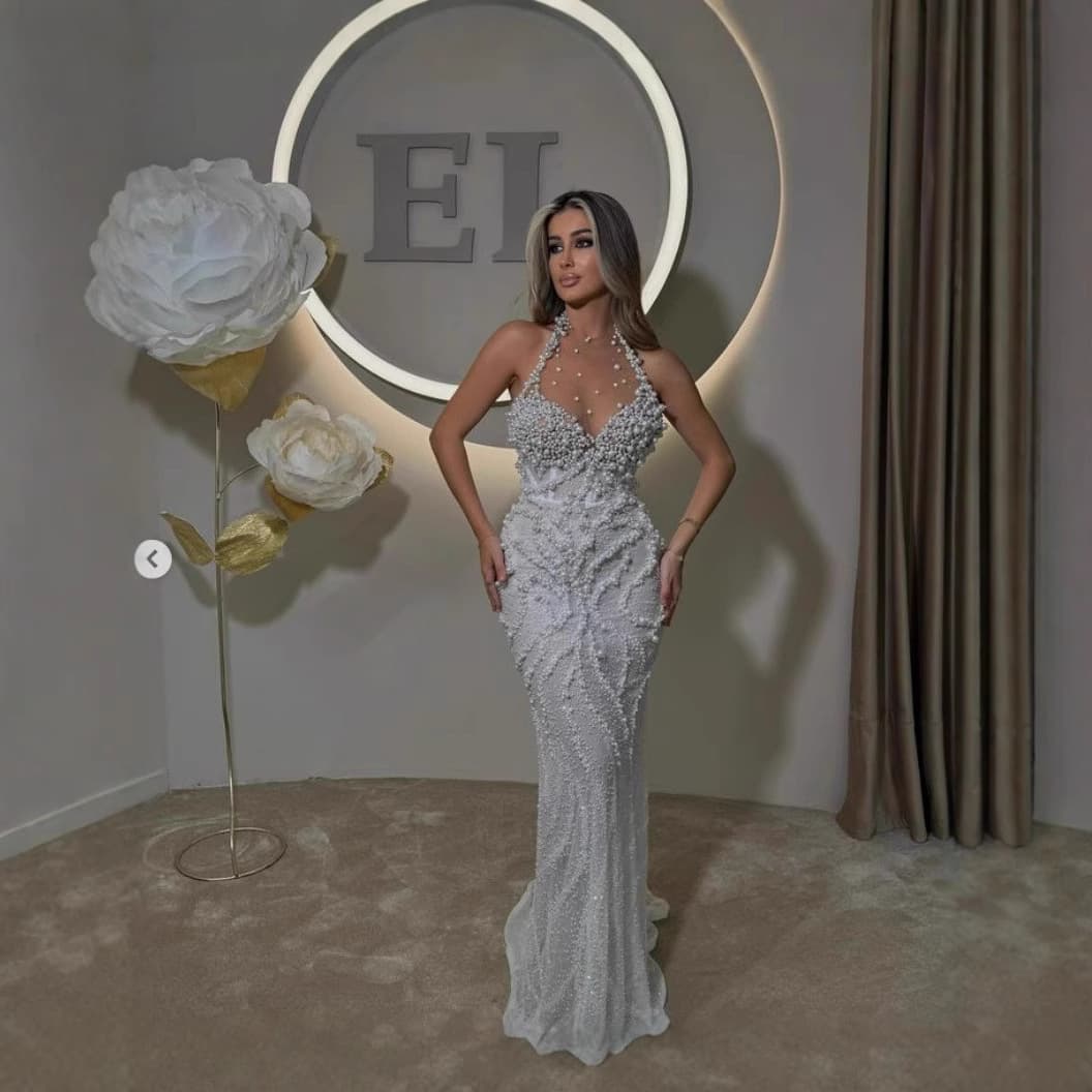 Elegant Beaded Mermaid Evening Gown With Deep V-Neck For Weddings, Parties & Special Occasions