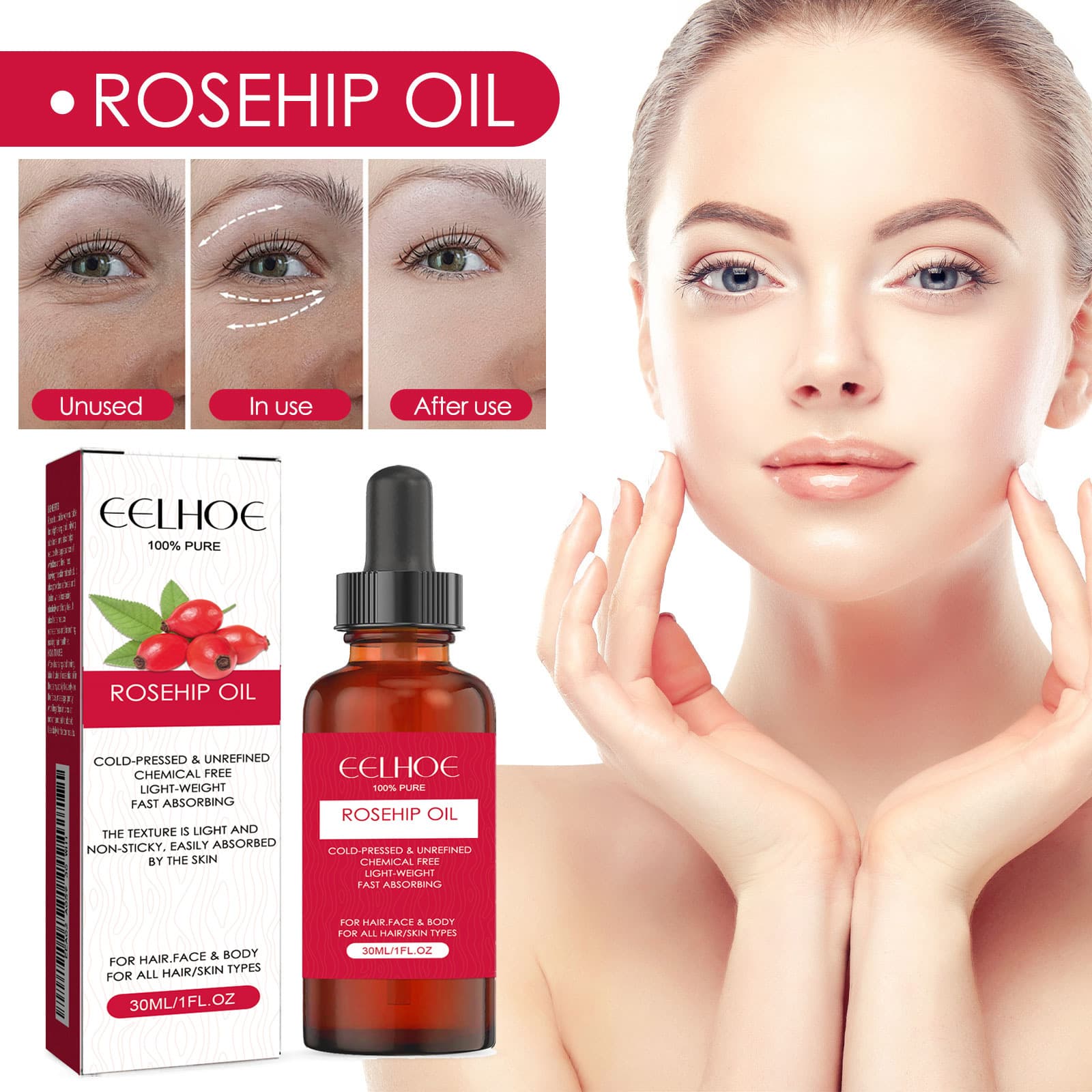 EELHOE rosehip facial oil, facial and body moisturizing, skin care, smoothing, hair care massage oil