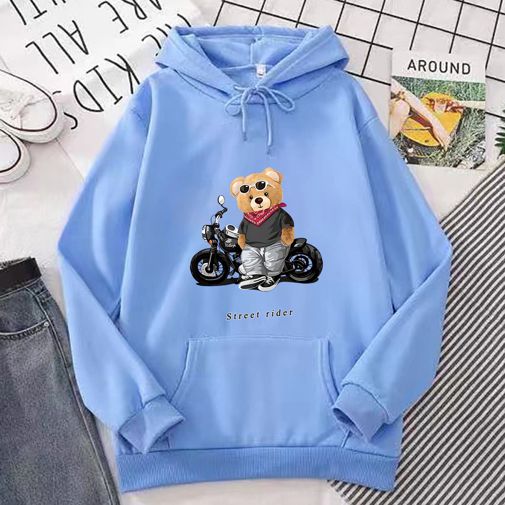 Women's Clothing motorcycle bear print hooded sweatshirt for men and women trendy casual simple tops