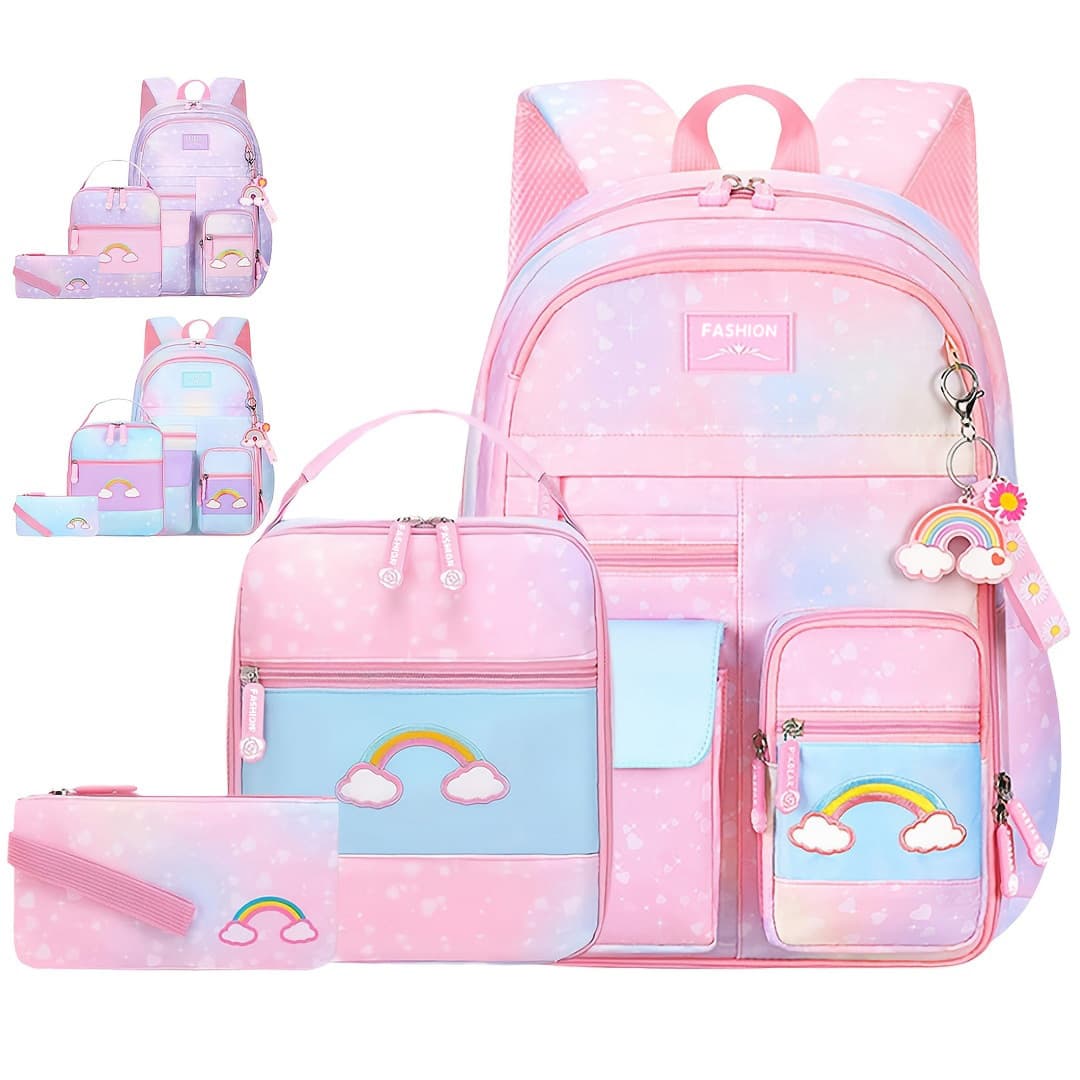Girls Three Piece Backpack Set Cute Cartoon Rainbow Theme Easy Carrying Kids Luggage & Bags