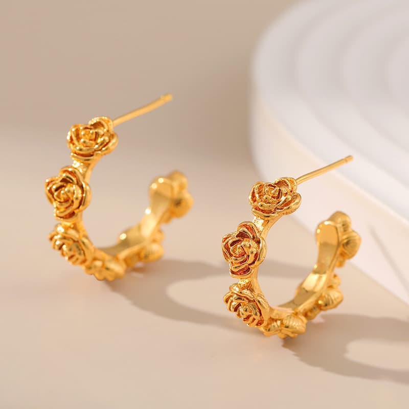 Silver Needle Environmentally Friendly Material Rose Engraved Design Romantic Earrings Sweet K Real Gold Plated Retro Texture Earrings