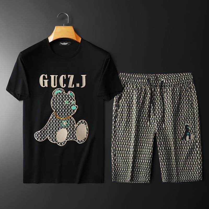 Men's Clothing station bear embroidered short-sleeved shorts suit men's brand handsome summer new men's set of matching