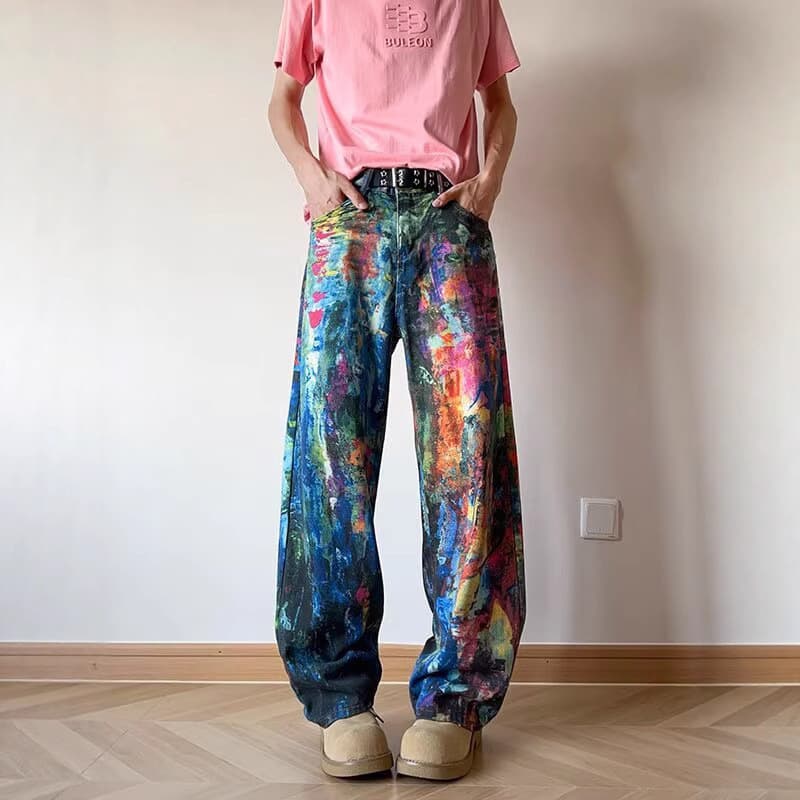 Men's Clothing Retro Washed Ink Oil Painting Palette Jeans Men's And Women's Spring High Street 3d Color Printed Floor Mopping Trousers