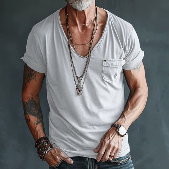​​Men's Moisture-Wicking V-Neck T-Shirt - Slim Fit Breathable Polyester Casual Tee With Pocket Detail​​