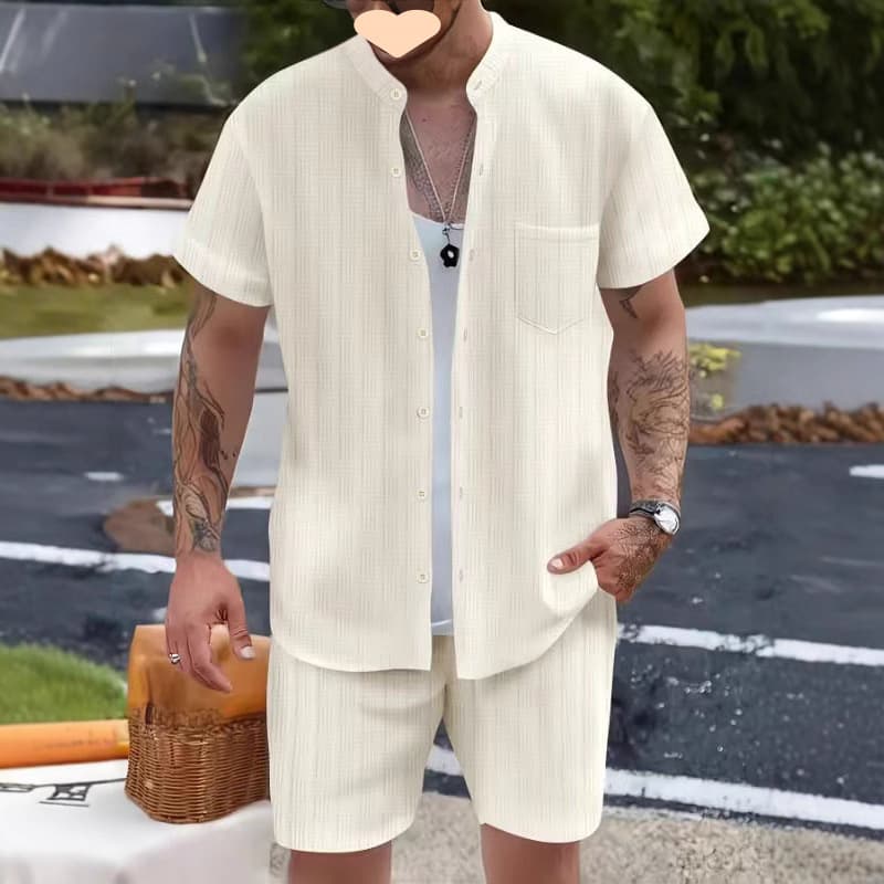 2025d New Summer Men's Shirt Casual Henley Collar Pocket Short Sleeve Shorts Beach Set
