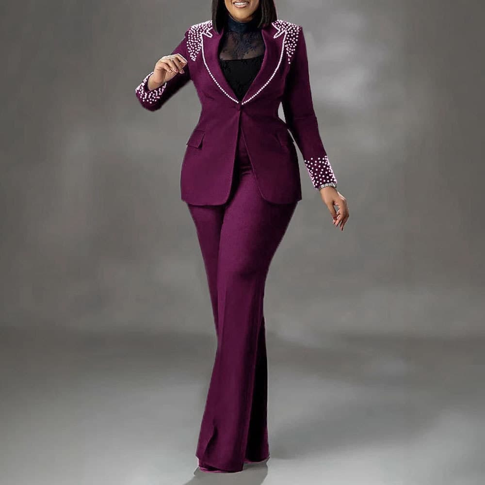 Women's Clothing Pearl Long Sleeved Slim Stretch Suit Two Piece Suit