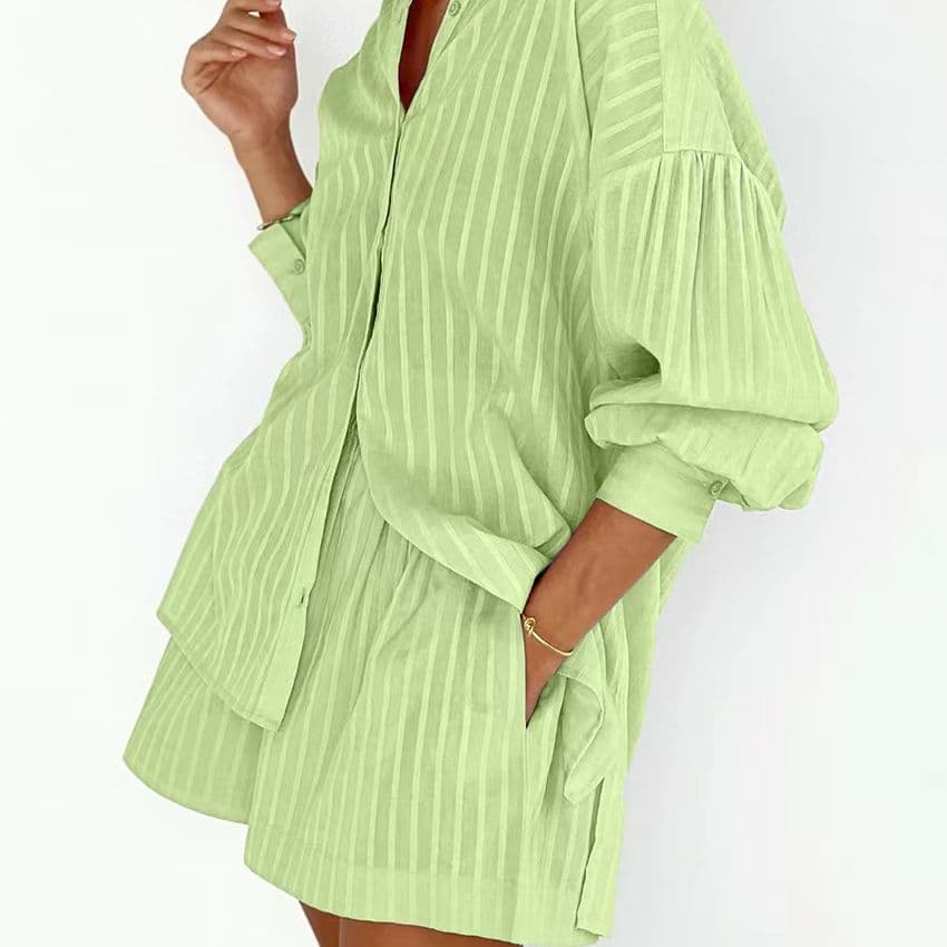 Women's Clothing Striped baggy back shirt two-piece baggy shorts suit