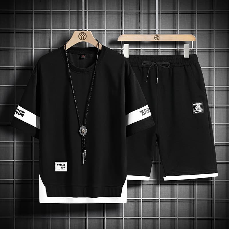 Men's Short-Sleeved T-Shirt Round Neck Casual Sports Suit Loose Two-Piece Half-Sleeved T-Shirt Suit