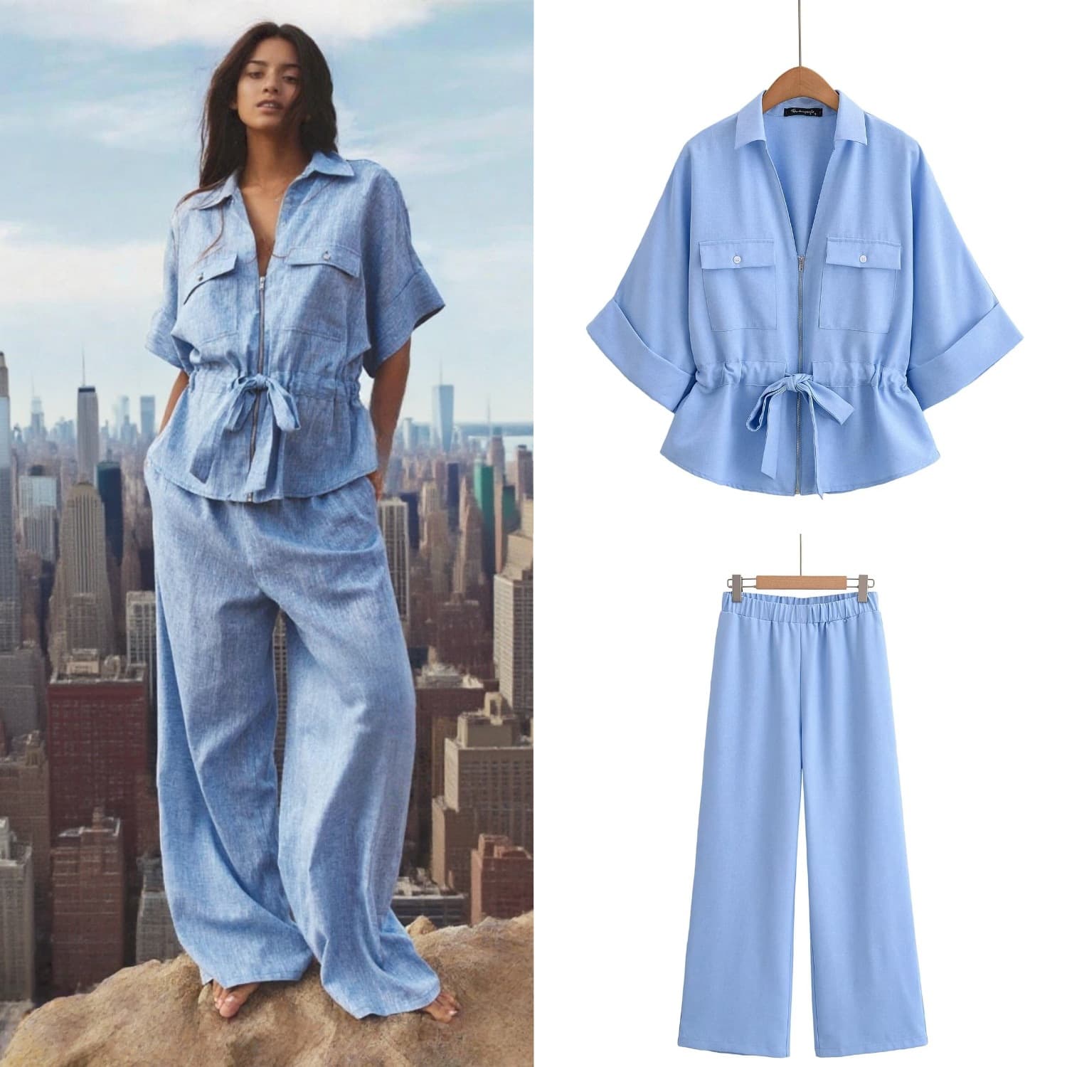 Women's Clothing V Neck Waist Short Sleeved Hunting Shirt Pleated High Waist Trousers