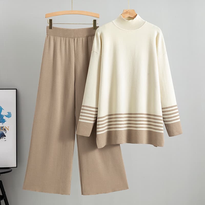 K Half-turtleneck Striped Sweater Set For Women; New Color-blocked Trousers Fashion Two-piece Set.