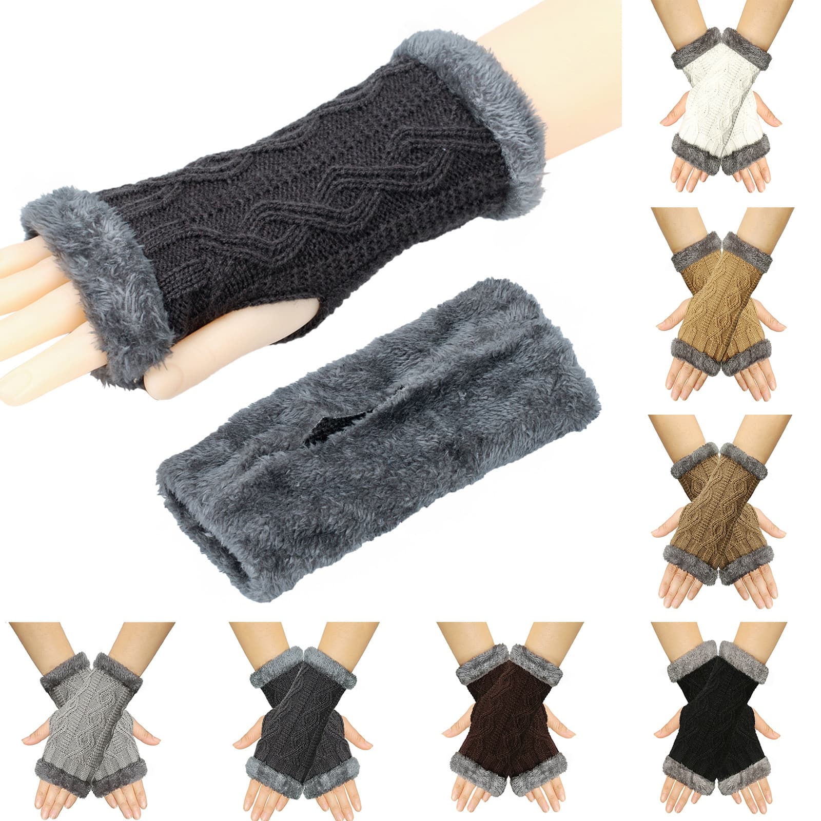 Girl's Accessories plus velvet thickened knitted wool gloves autumn and winter diamond shaped fingerless cuffs warm thick fur short gloves