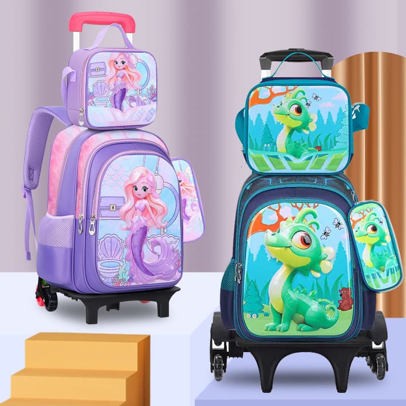 3D Leather School Backpack Set For Kids Rolling Book Bag Lunch Bag Pencil Case Dimensions