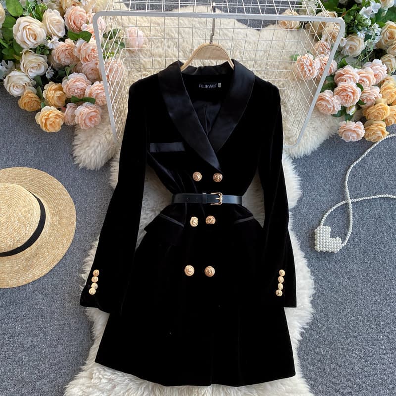 Women's Clothing Winter Clothes New Women's Suit Collar Double breasted Slim Fit Velvet Dress