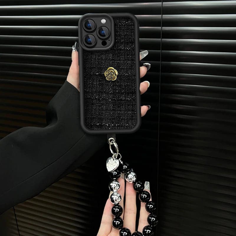 Stylish 3D Golden Camellia Flower Lanyard Phone Case For iphone 16 15 14 13 12 11 Pro Max Plus Lens Protection Shockproof Cover
