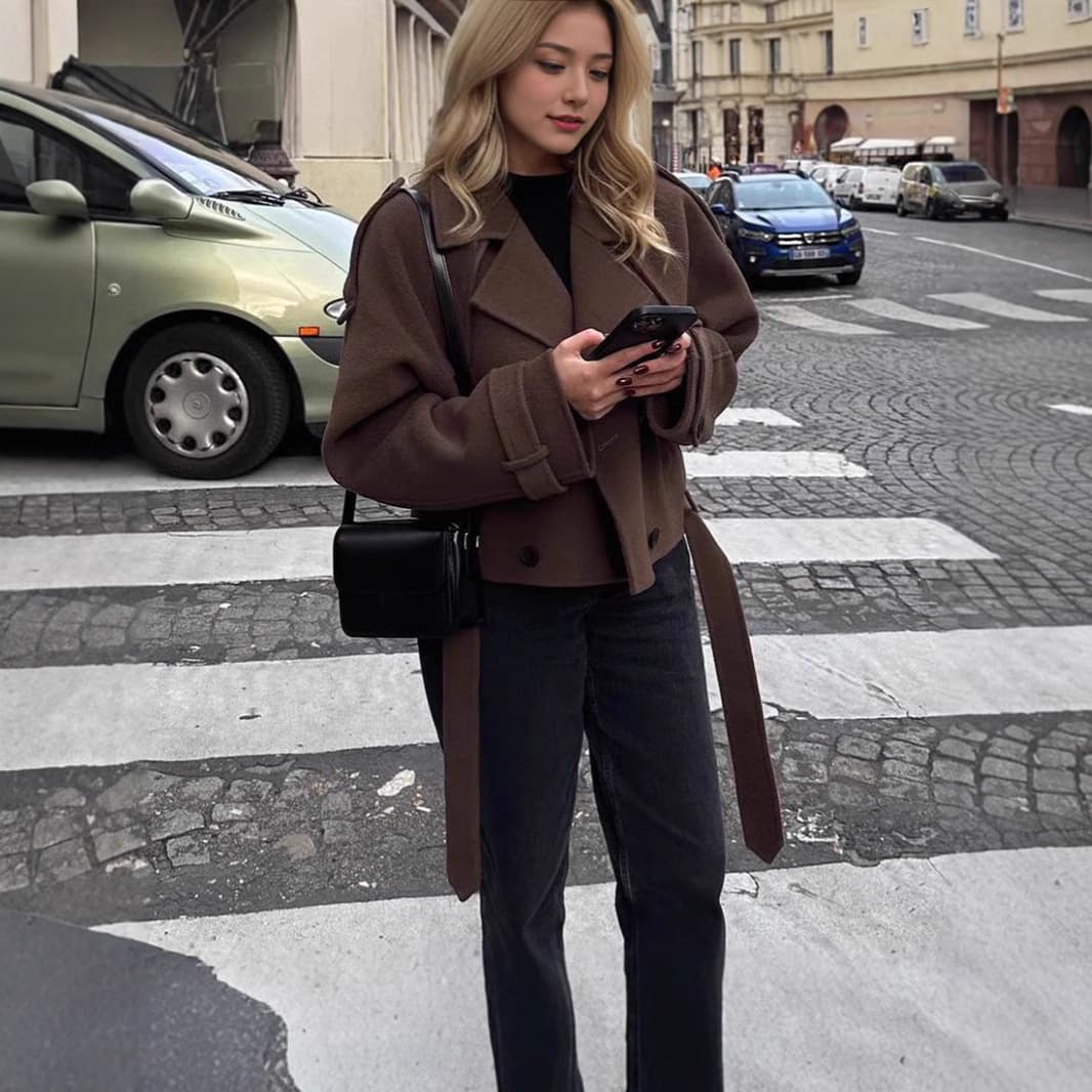 ​​Women’s Wool-Blend Long Coat – Classic Trench Style Winter Overcoat With Notched Lapel, Double-Breasted Design