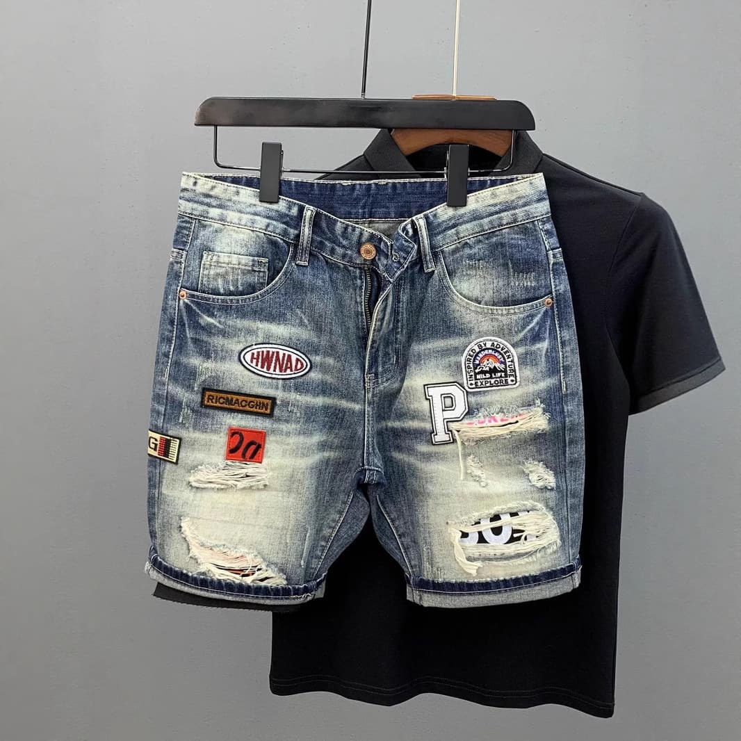 Men's Clothing Ripped Denim Shorts Men's Trendy Brand Personality Scraped Beggars Shorts Loose Large Size Breeches Summer Thin