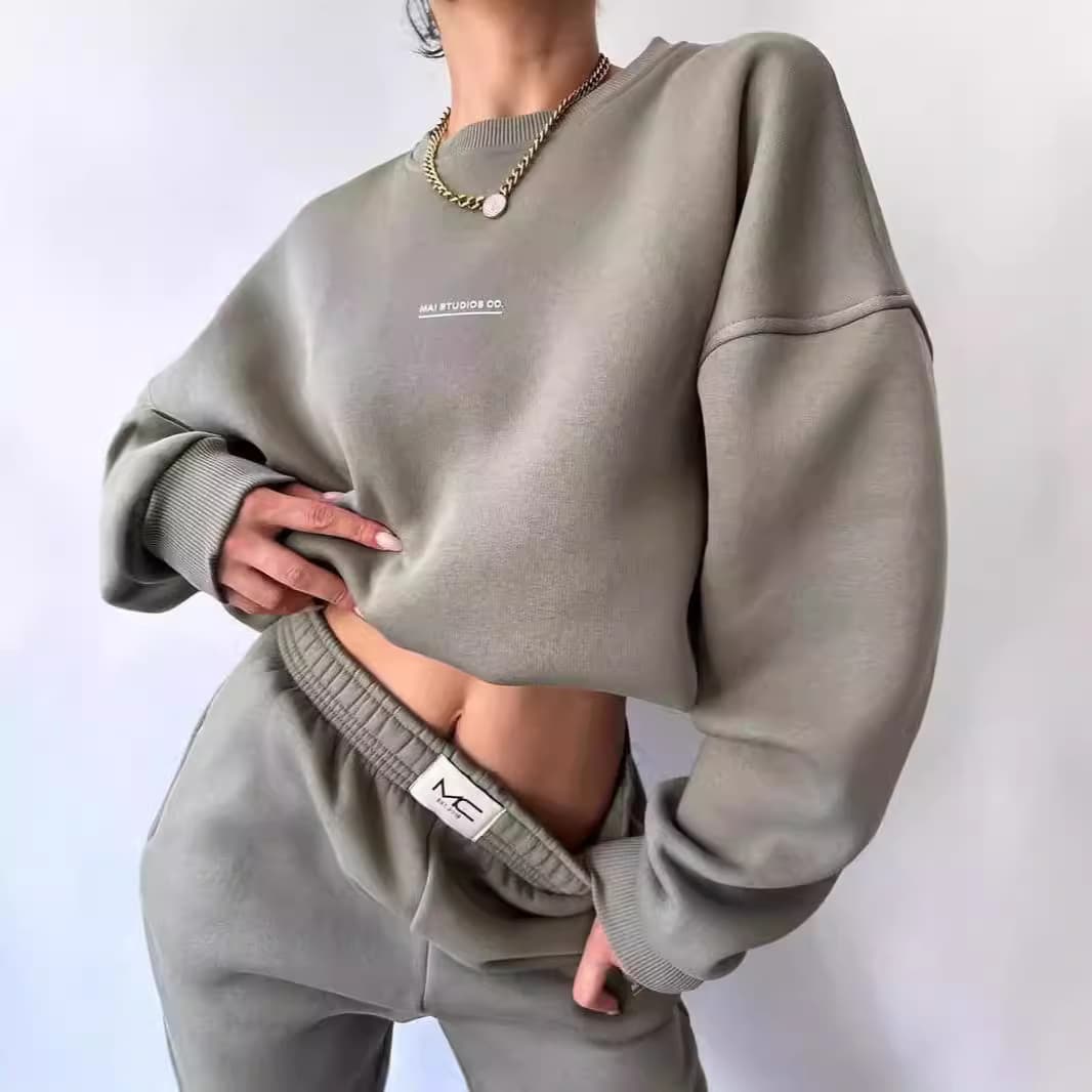 Women's Clothing new suit long sleeved round neck casual sweatshirt elastic sports trousers two piece suit