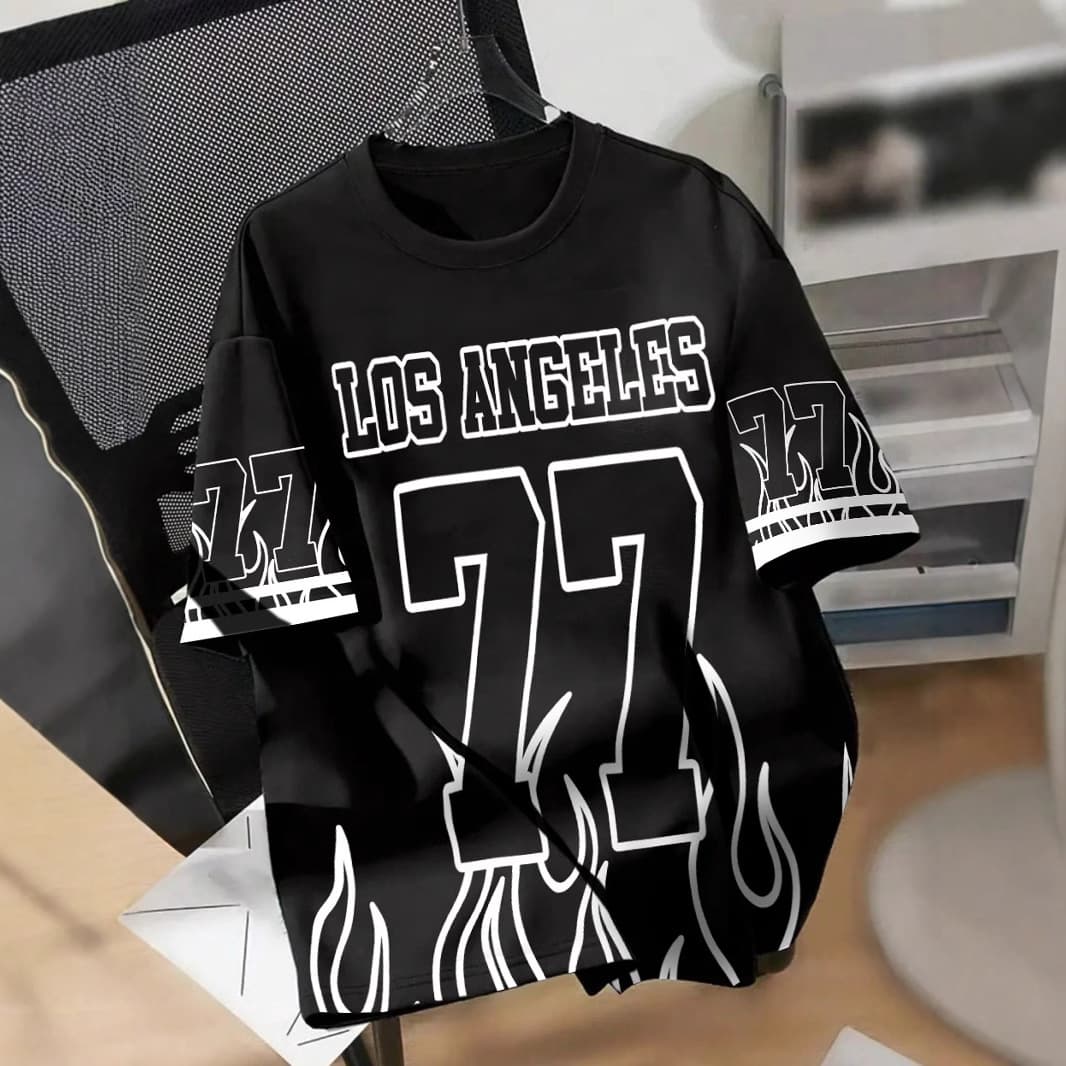 Cross-Border Men's Summer American T-Shirt Short Sleeve Street Fashion Flame Digital Los Angeles Alphabet Print