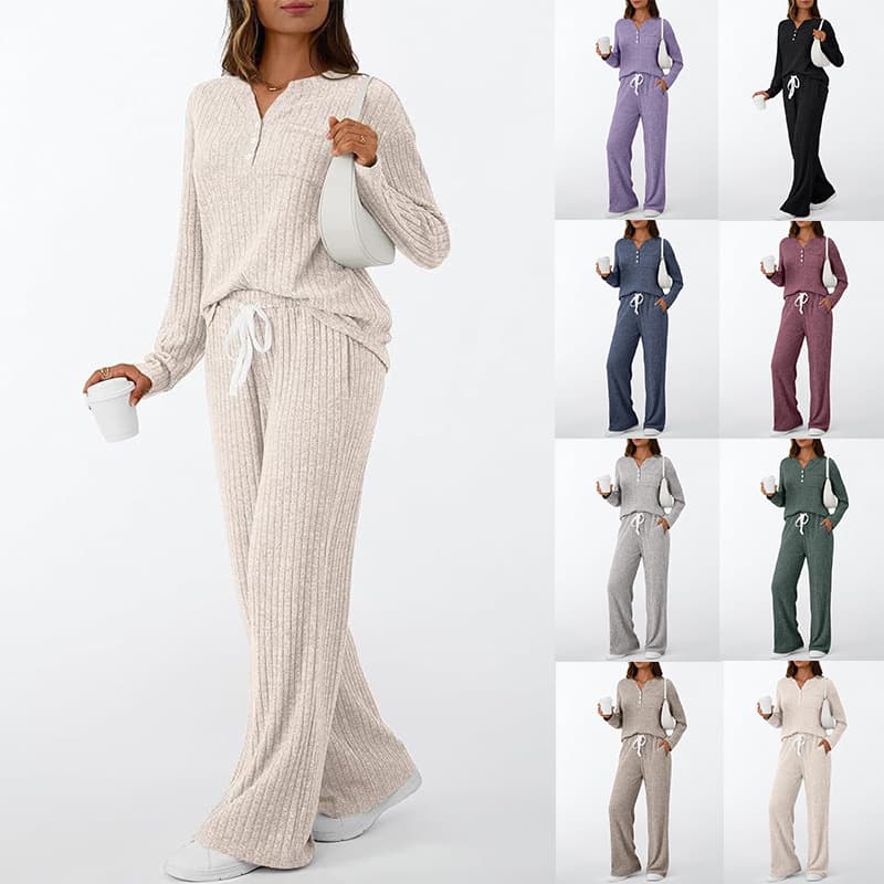 Ribbed Fleece Lounge Set – Cozy Long Sleeve Pajama Set (V-Neck & Pants) | Soft & Breathable (Multiple Colors)