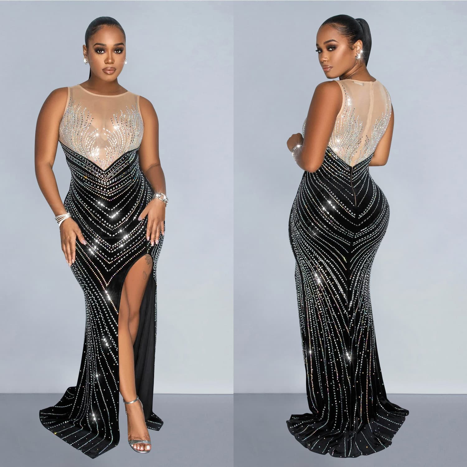 Women's solid color round neck sleeveless hot diamond long skirt dress fashion