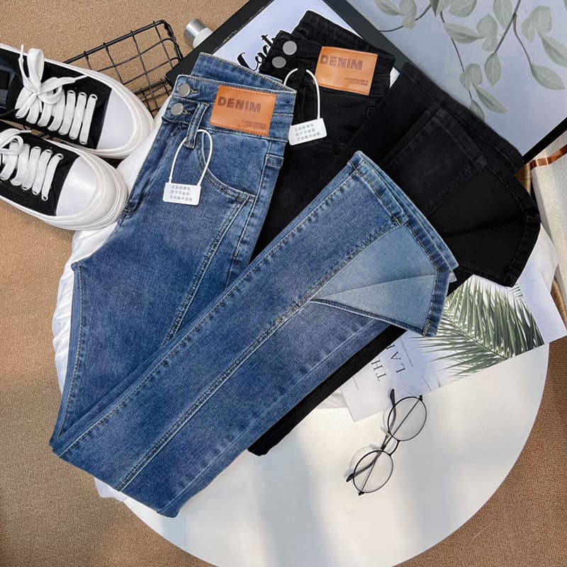 Women’s Clothing Front Slit Flared Jeans For Women Korean Style New Small Size High Waist Tight Elastic Straight Floor Length Flared Pants For Women