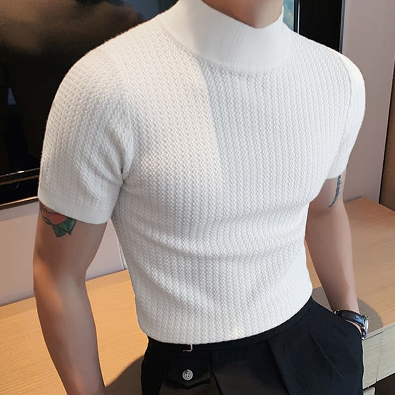 2023 summer foreign trade new men's short-sleeved tight simple tops knitted bottoming shirt half turtleneck solid color T-shirt