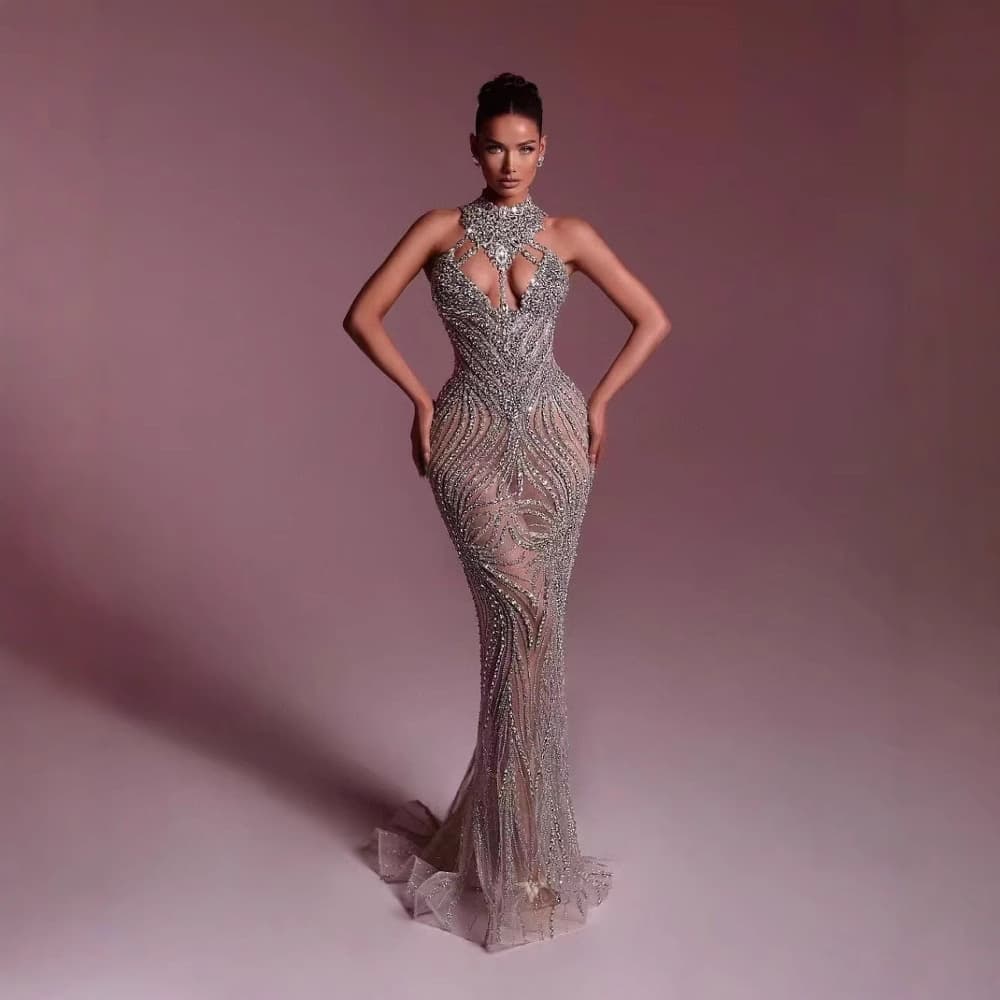 Elegant Sequin Mermaid Evening Gown With High Neckline & Beaded Detailing – Slim-Fit Floor-Length Party Dress For Women