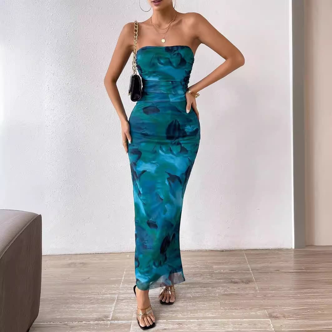 Women's Clothing Mesh Floral Pleated Sexy Tight Slit Strapless Tube Top Long Skirt