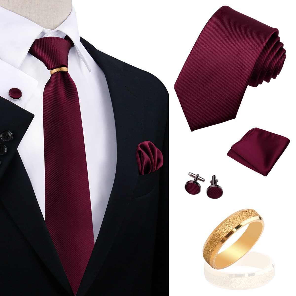 Men's Striped And Pocket Square Set Business Casual Wedding Groom Pure Wine Red Black Polyester Hand-tied Tie