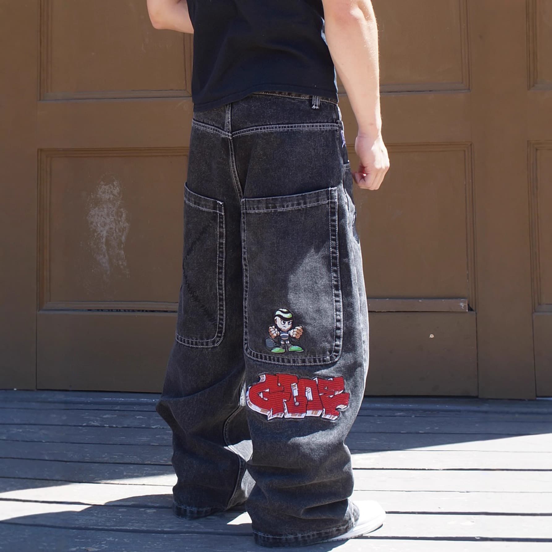Men's High Street Embroidered Straight Leg Jeans - Classic Black Denim With Lettering Design, Comfortable & Stylish For Casual Wear