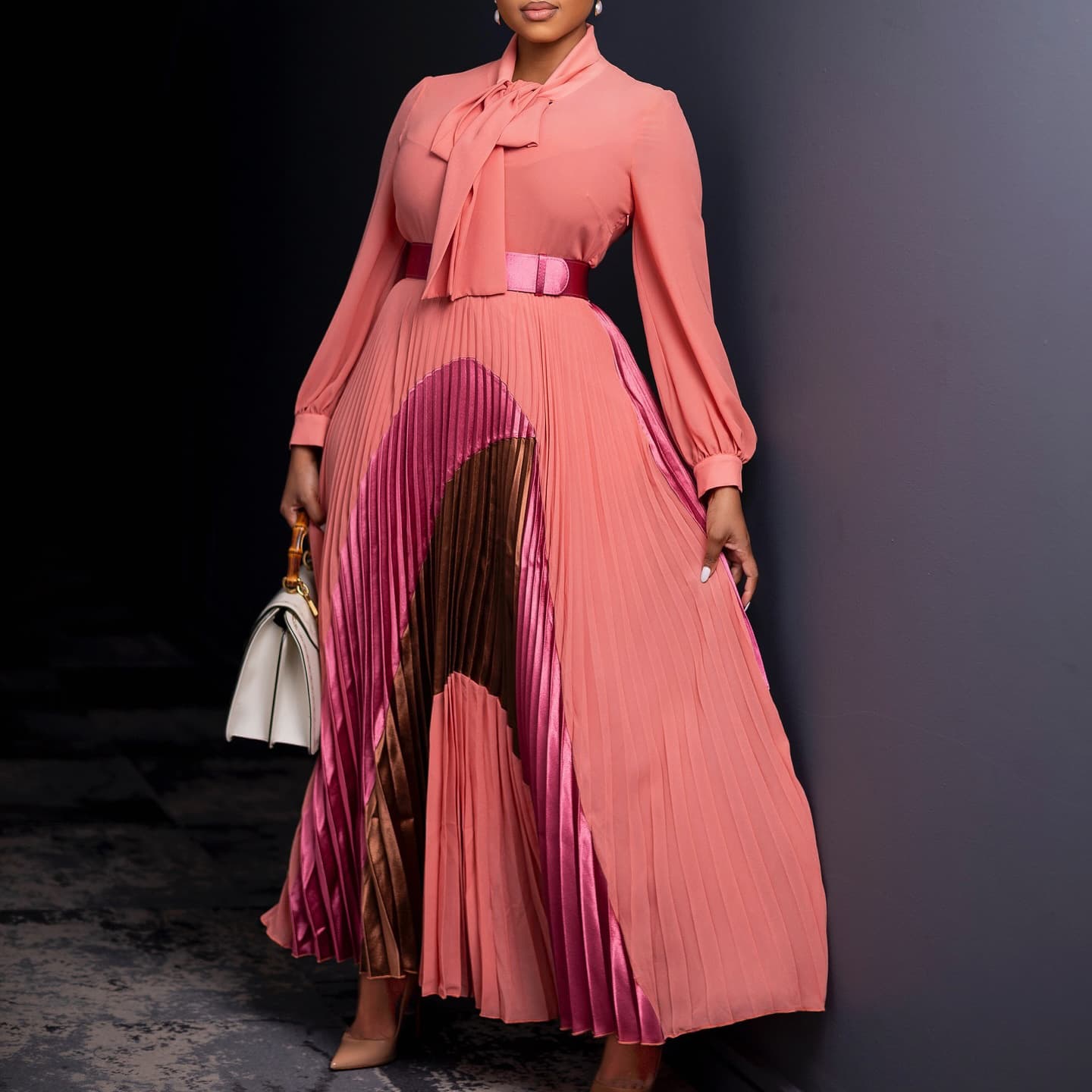 Women's Clothing plus size women's clothing autumn new style lace up pleated long sleeved color matching temperament elegant dress