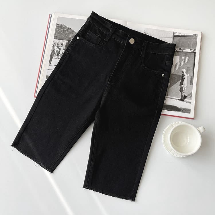 Internet famous high waisted elastic tight fitting and slimming black new denim shorts for women's summer cycling in