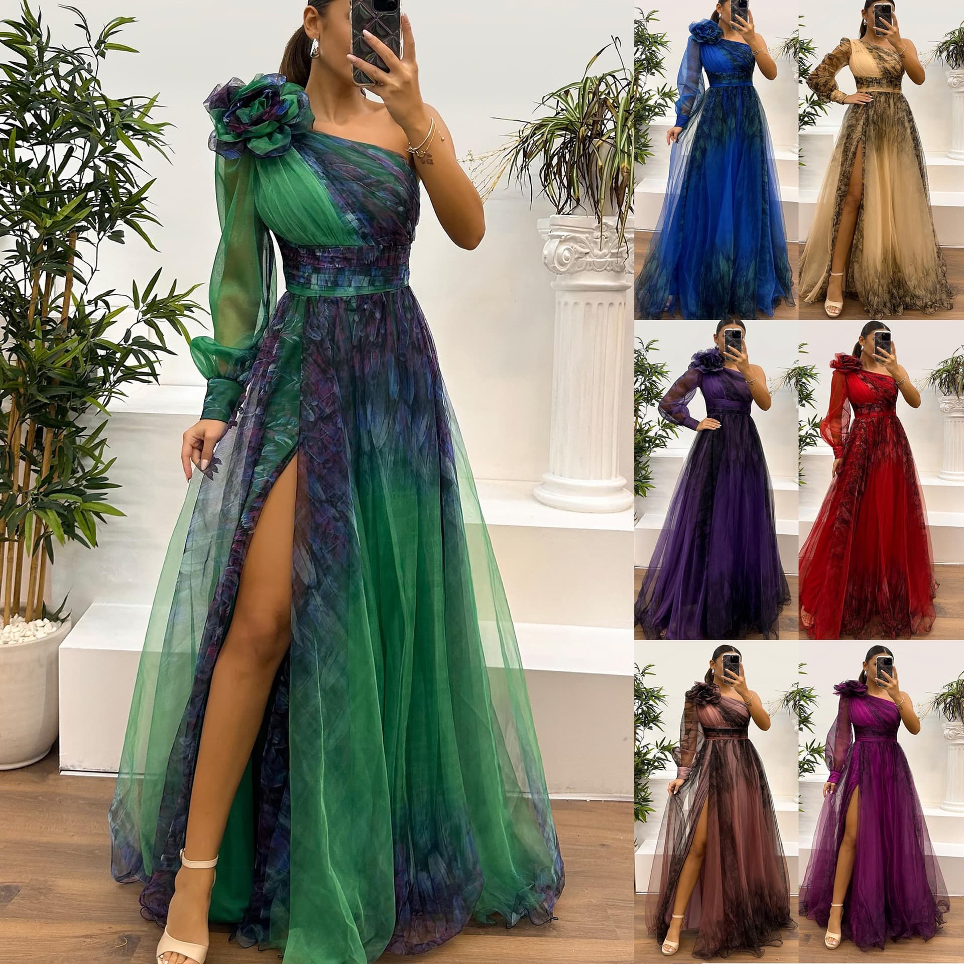 Women's Clothing Spring And Autumn New Oblique Shoulder Mesh Print Dress Ins Casual Loose Party Dress